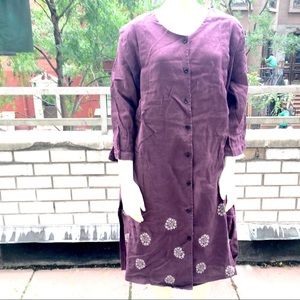 Dk Wine Cotton Linen Embroidered Large Size Dress